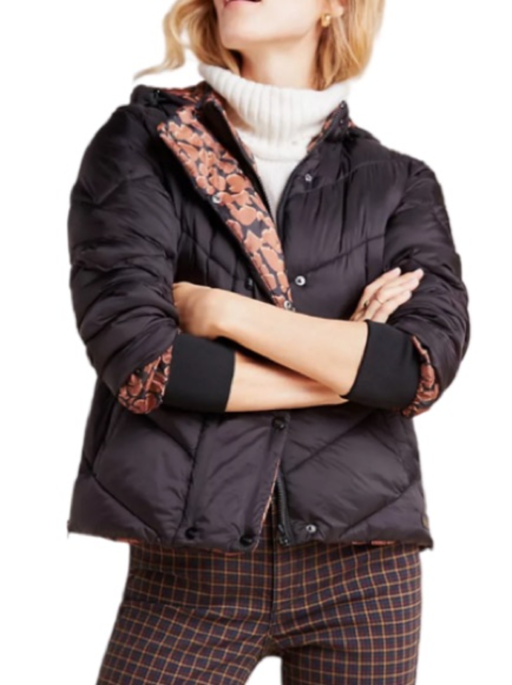 Scotch & Soda Quilted Puffer Jacket XS Black Cheetah Print Lining